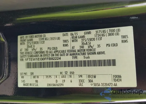 2015 Ford F150 Supercrew z USA, uszkodzony, nr VIN 1FTEW1EG0FFB82224